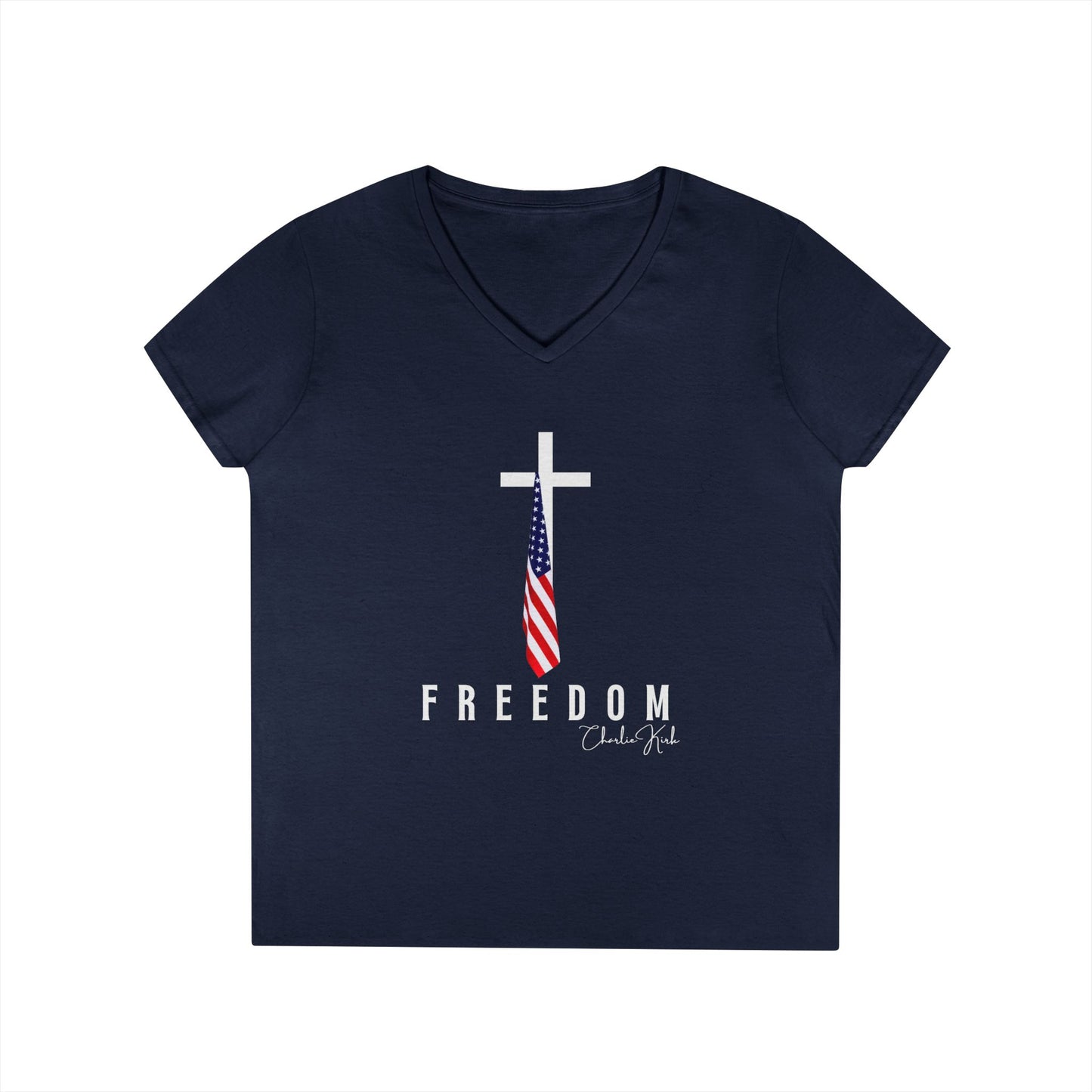 Navy blue t-shirt with a cross and American flag design on a white background