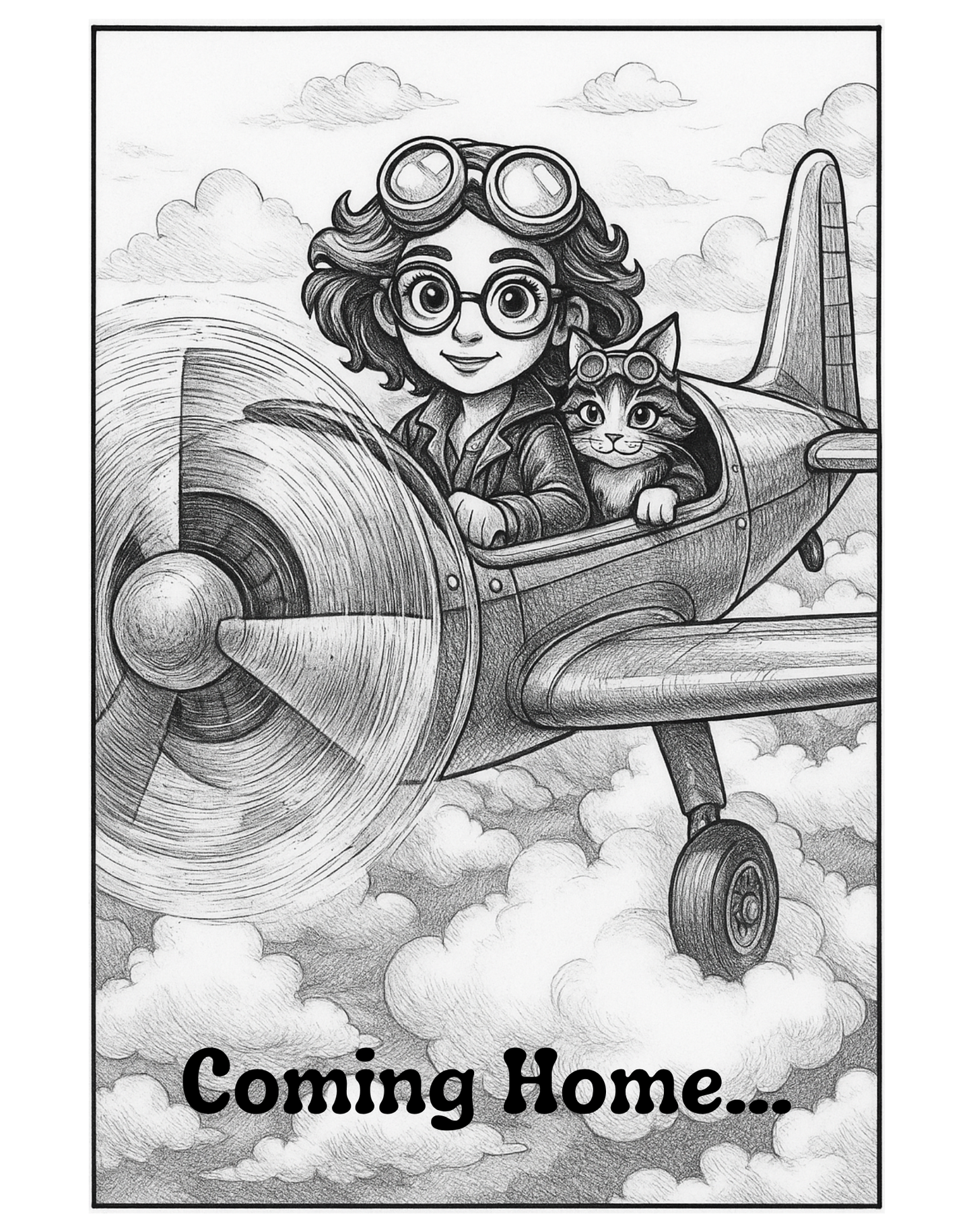 Illustration of a person with goggles and a cat in an airplane with 'Coming Home' text.