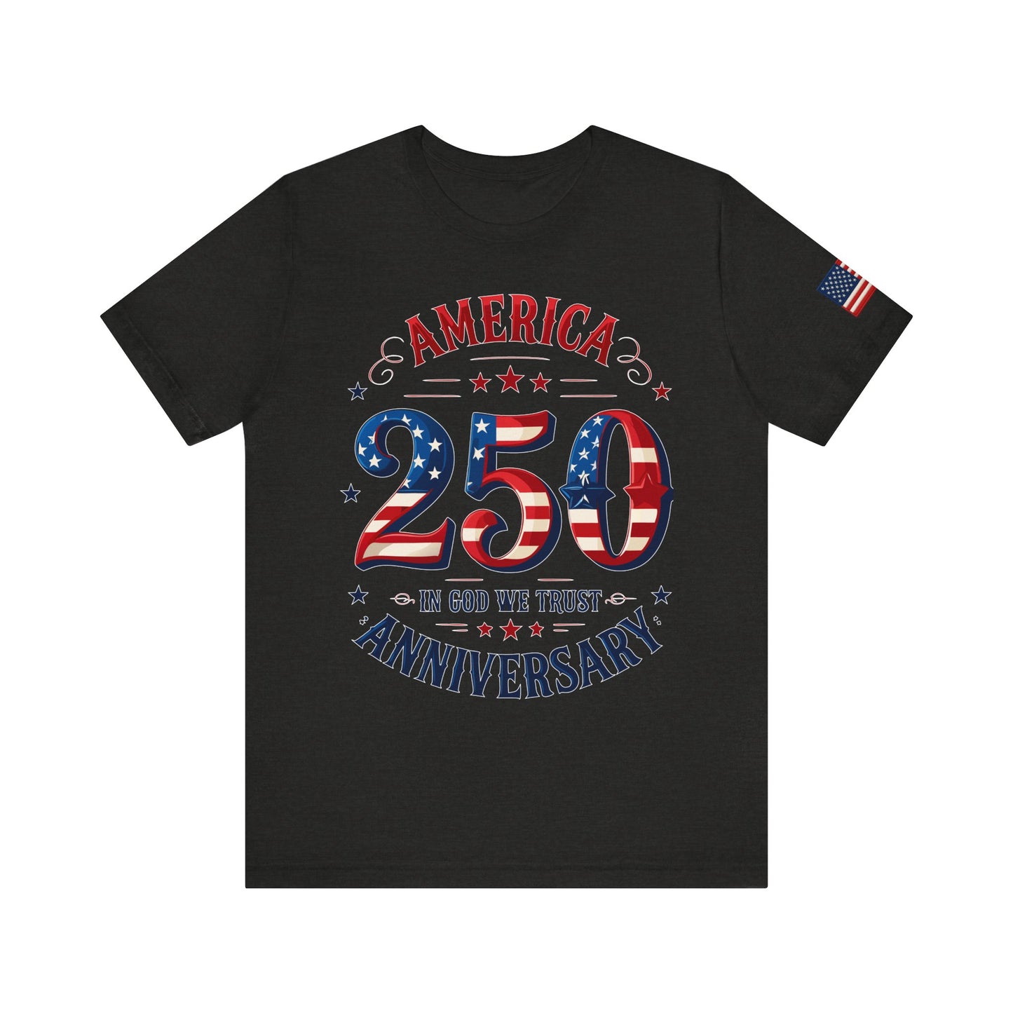 Black t-shirt with 'America 250 Anniversary' design featuring American flag colors