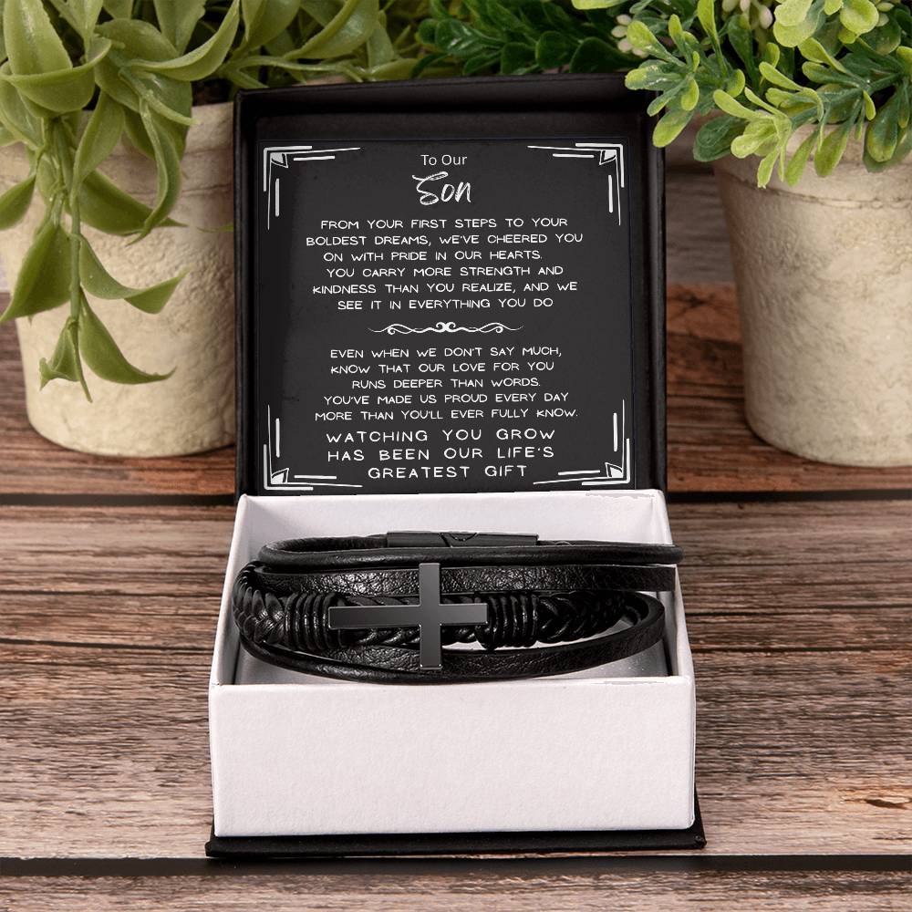 Men's cross bracelet gift for son stainless steel vegan leather adjustable 8.3 inch