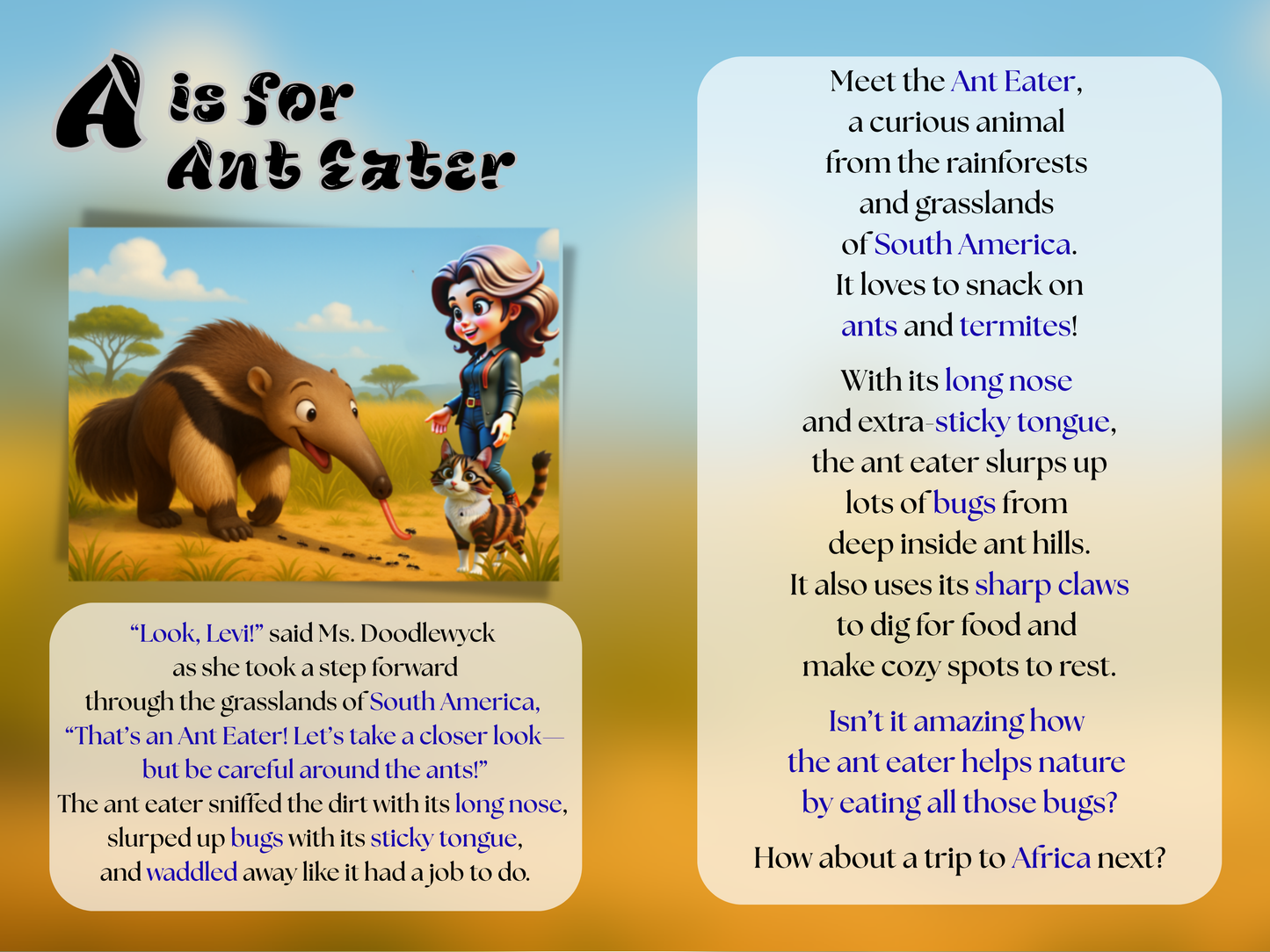 A is for Ant Eater pages with a cartoon illustration and text.