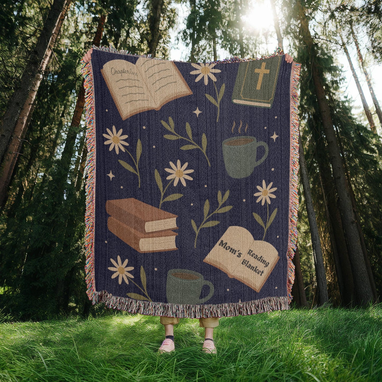 Mom reading heirloom woven blanket