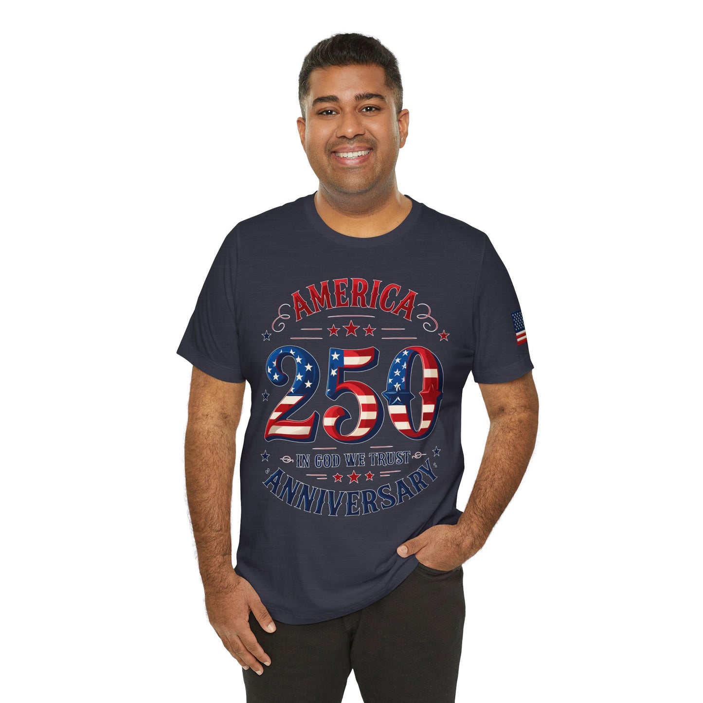 Man wearing a navy blue t-shirt with 'America 250' design