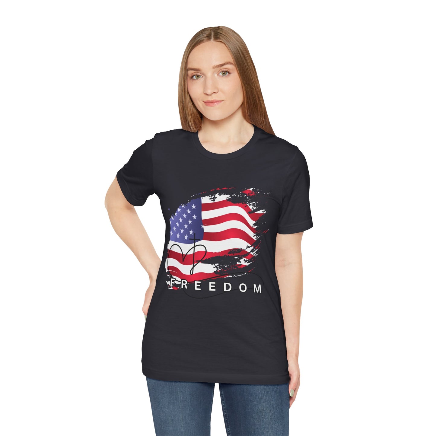 Woman wearing a black t-shirt with an American flag and 'Freedom' text