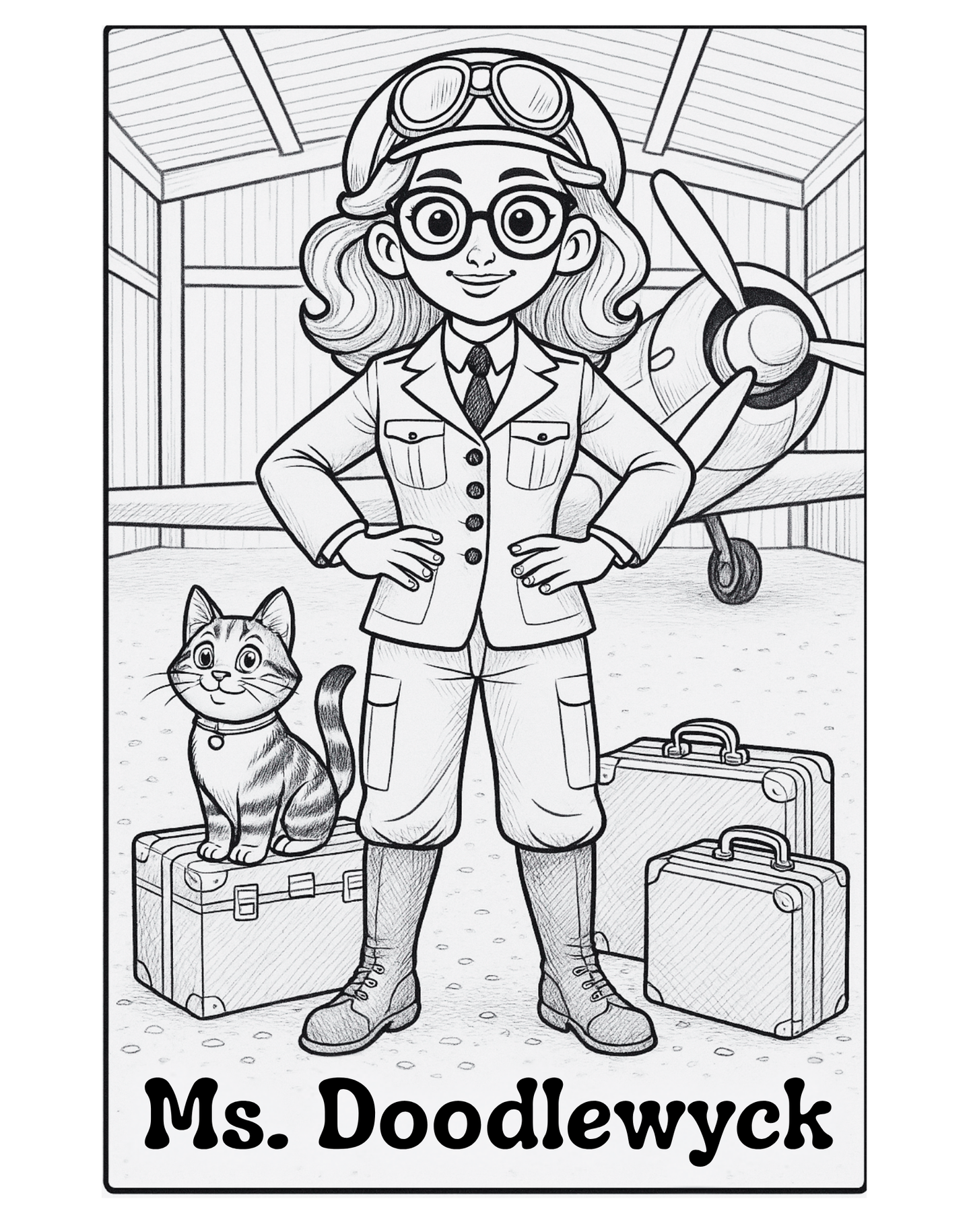 Coloring page of a character named Ms. Doodlewyck with a cat and airplane in the background.