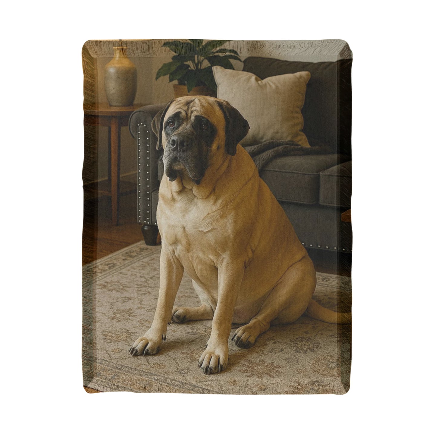 Blanket with Dog sitting on a rug in a living room with a couch and plant in the background