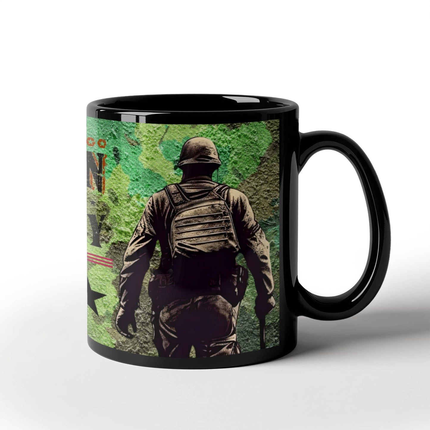 Black mug with a graphic of a soldier on a map design