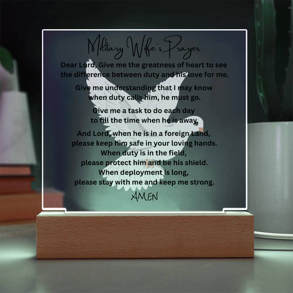 Military Wife's Prayer acrylic plaque LED wooden base tribute gift