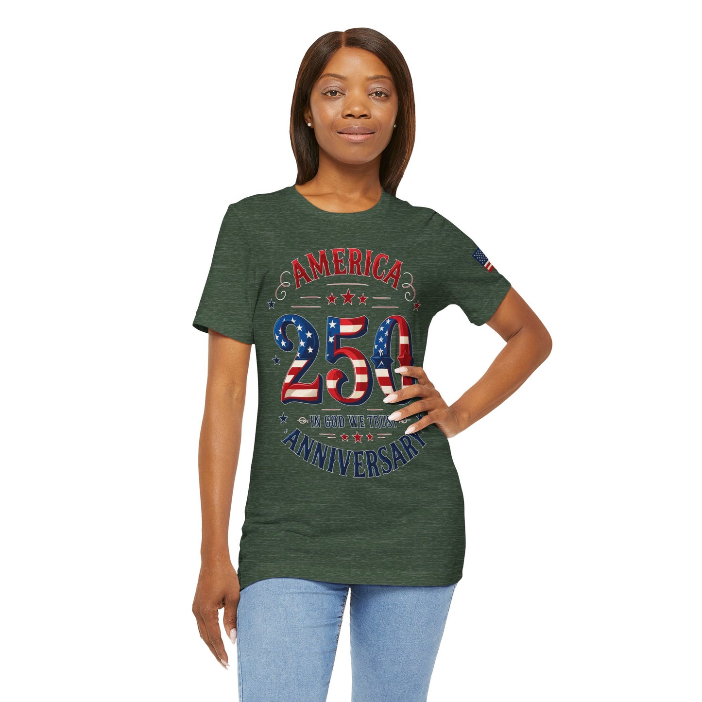 Woman wearing a green t-shirt with 'America 250' design