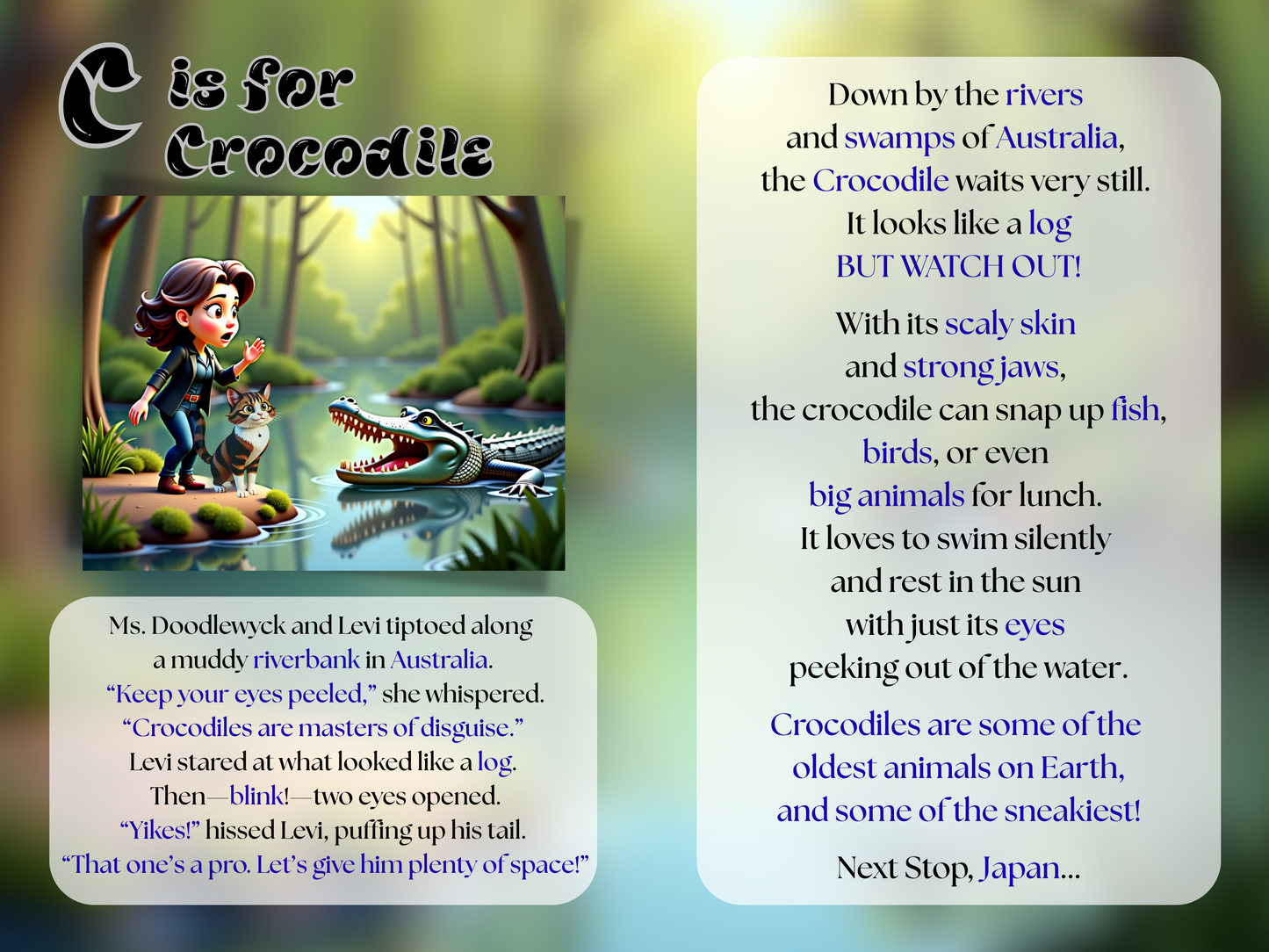 C is for Crocodiles pages with a cartoon illustration and text.