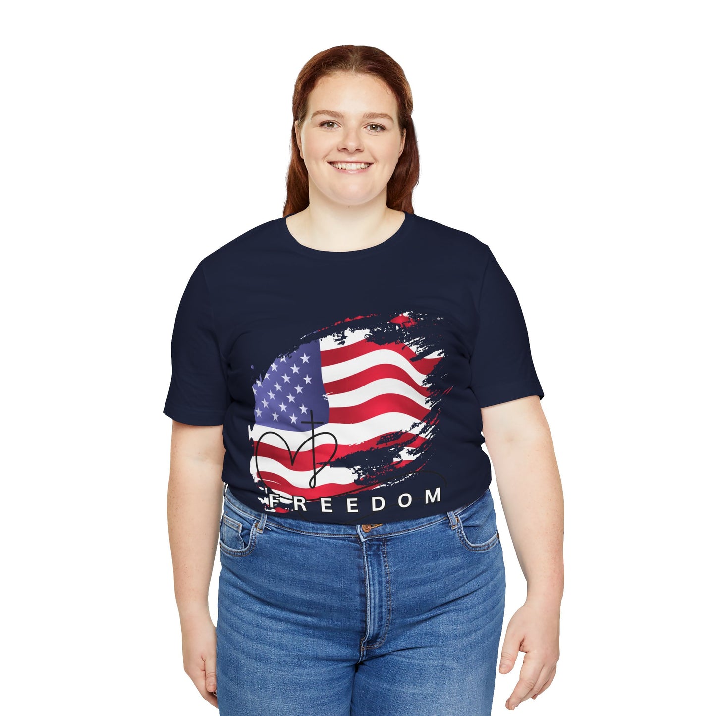 Person wearing a navy blue t-shirt with an American flag design and 'Freedom' text