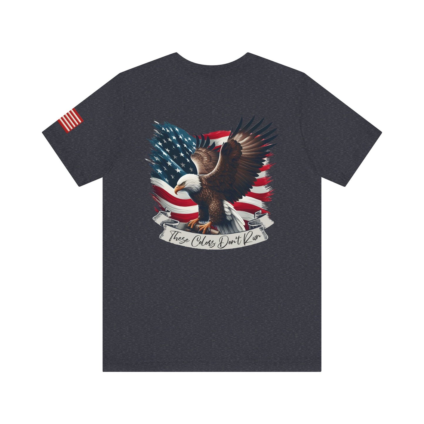 Navy Blue t-shirt back with an eagle and American flag design "These Colors Don't Run"
