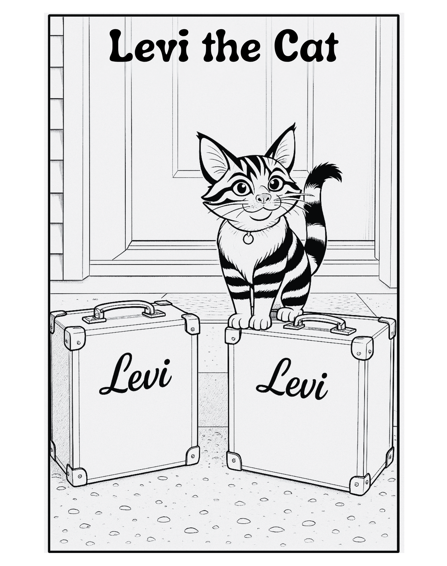 Black and white illustration of a cat named Levi standing on two suitcases with 'Levi' written on them.