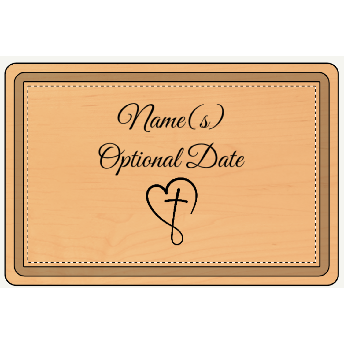 Wooden plaque with engraved text and heart design on a white background