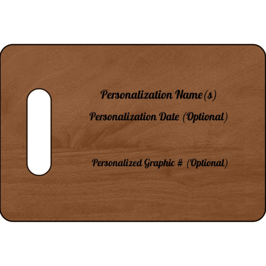 Brown leather luggage tag with text fields for personalization on a white background