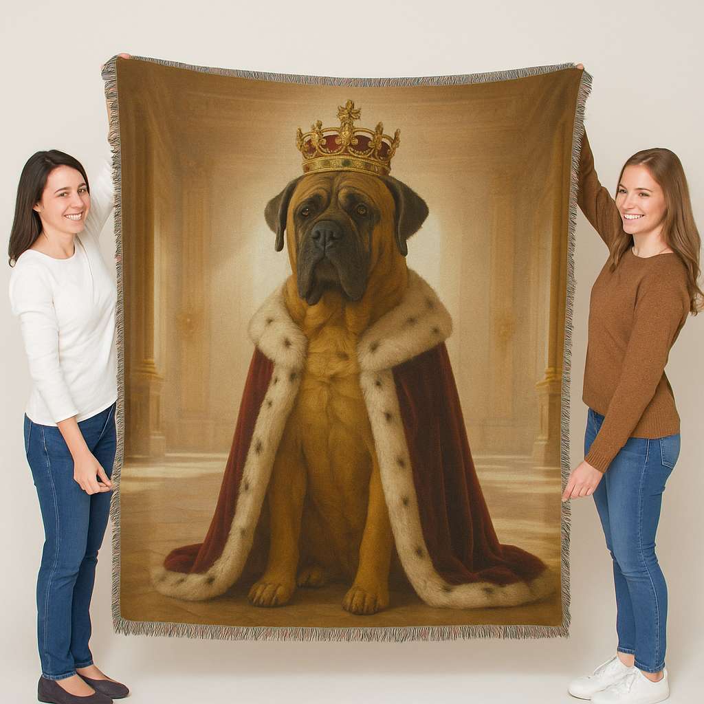 Two people holding a large woven blanket with a dog wearing a crown and robe design.