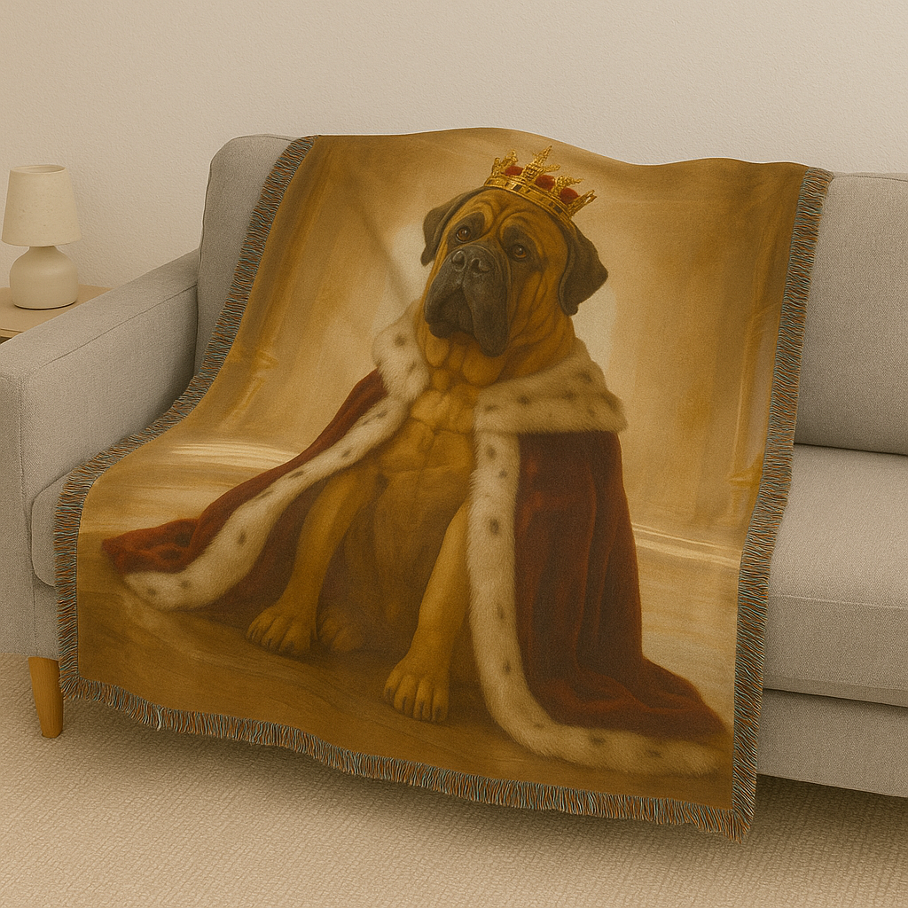 Blanket with a dog wearing a crown and cape draped over a sofa.