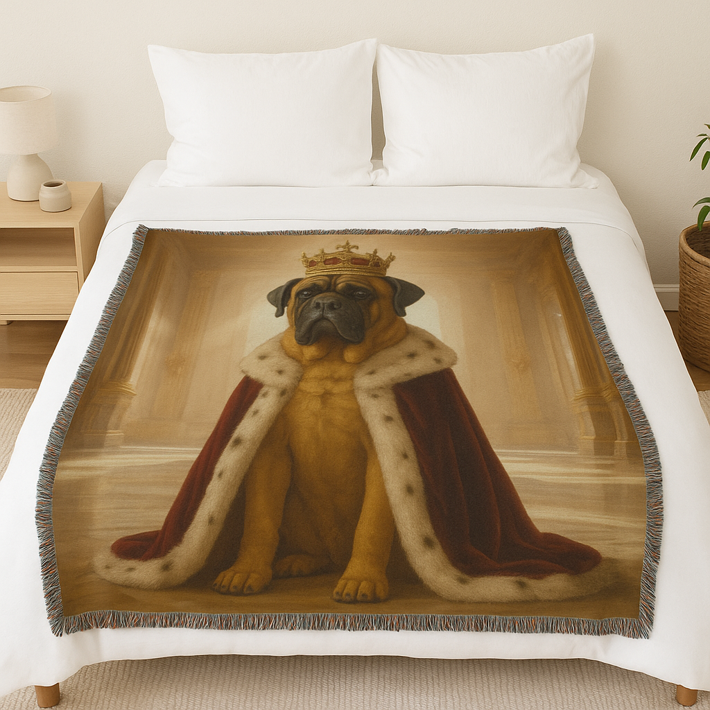 Blanket with a dog wearing a crown and cape draped over a bed.