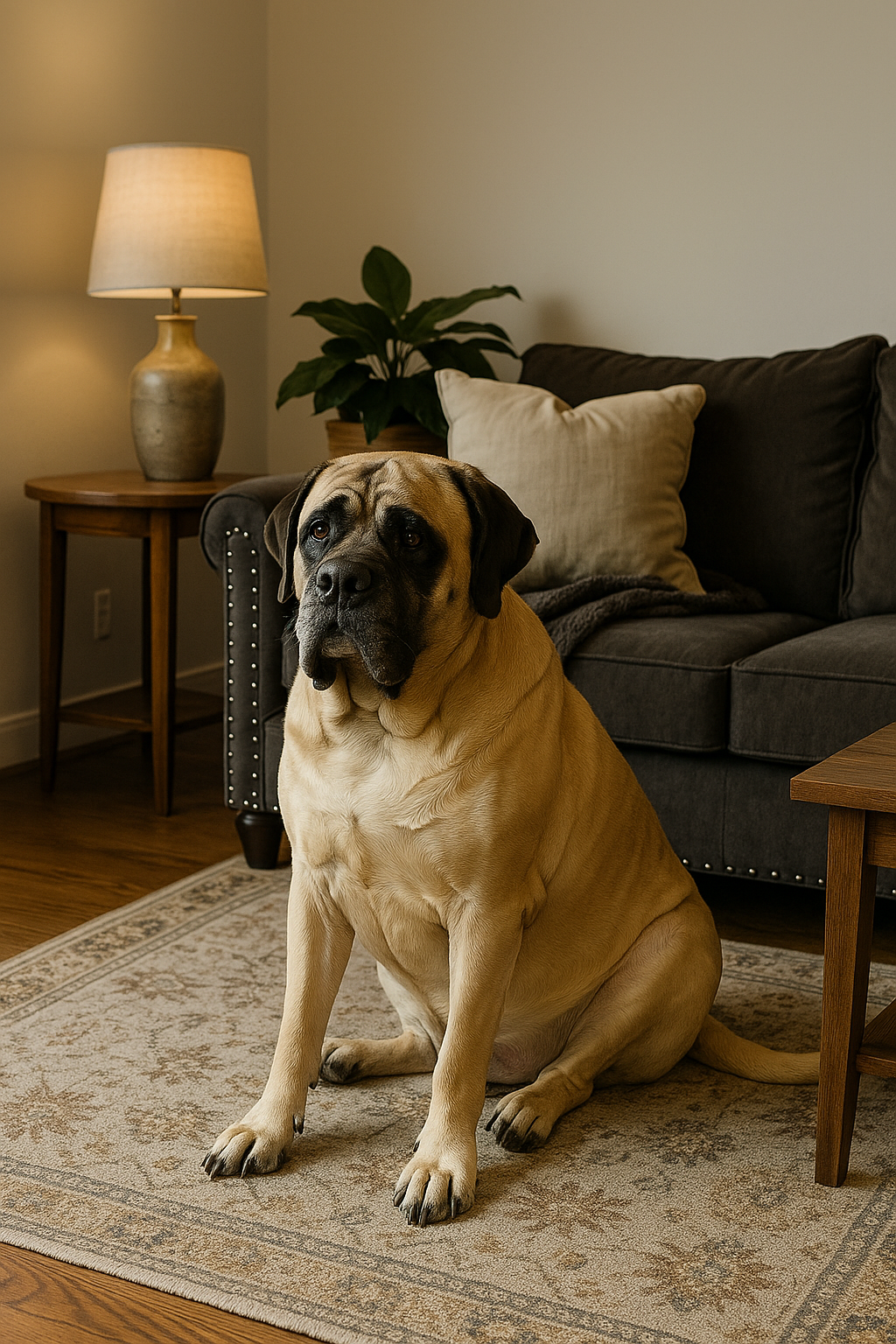 Large dog sitting on a patterned rug in a living room with a couch and lamp in the background.