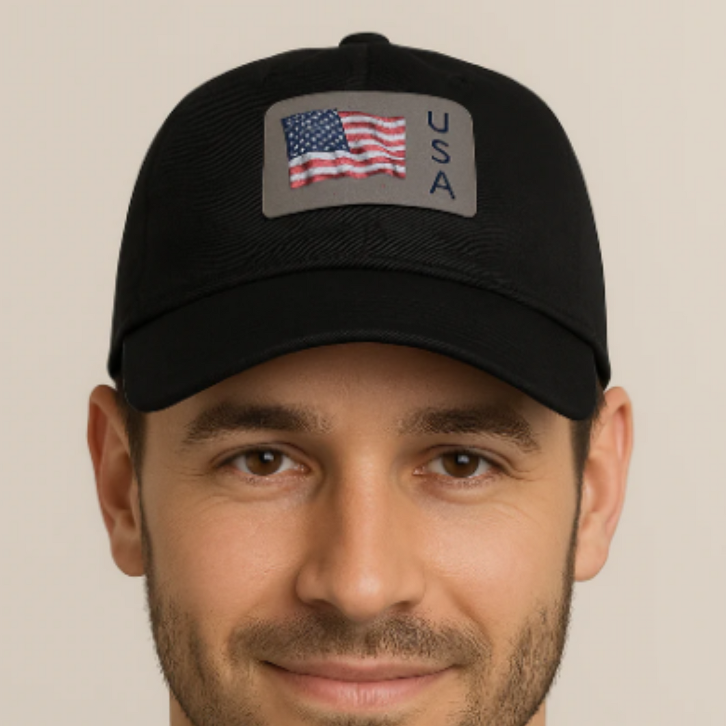 American Flag - USA Dad Hat with Rectangle Leather Patch - Chino Twill Adjustable Cap
