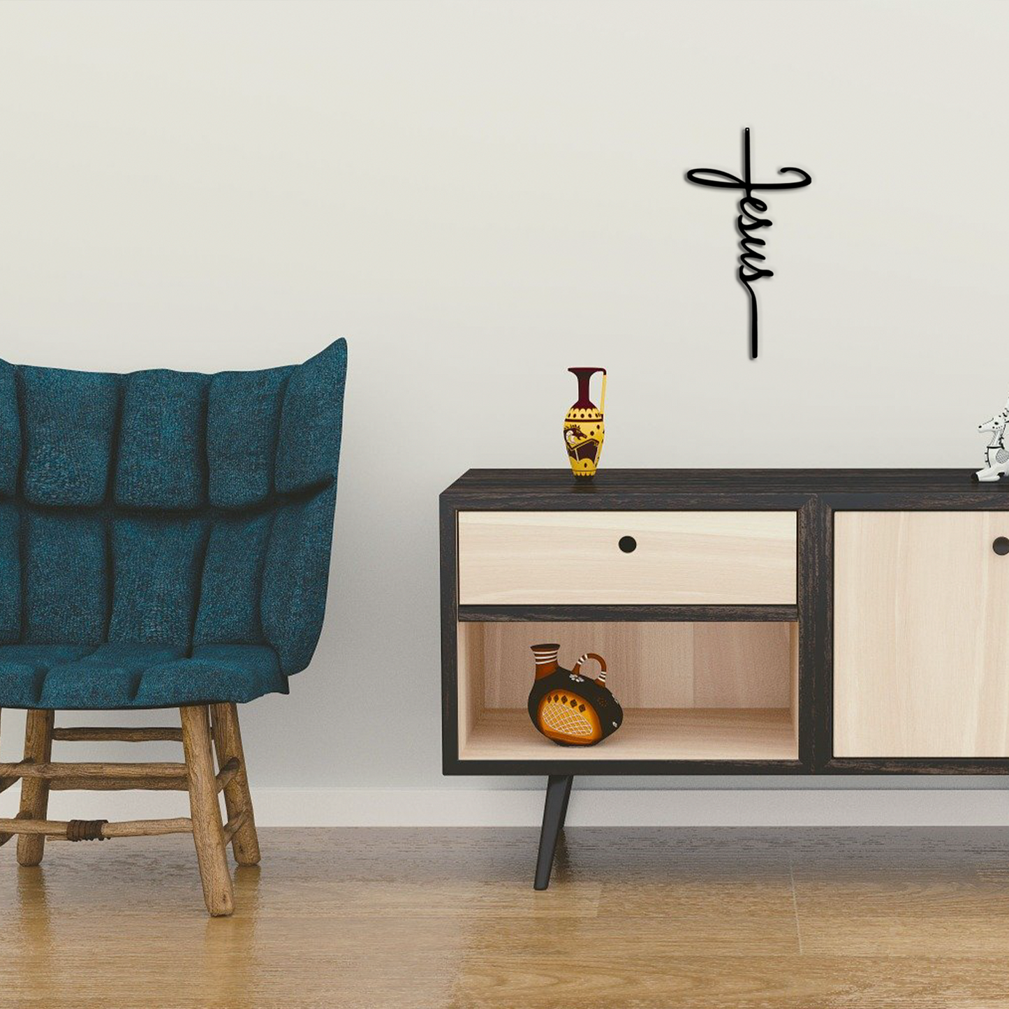 Modern sideboard with decorative items and a blue chair with Religious wall sign – Jesus cross design made from 16 gauge steel