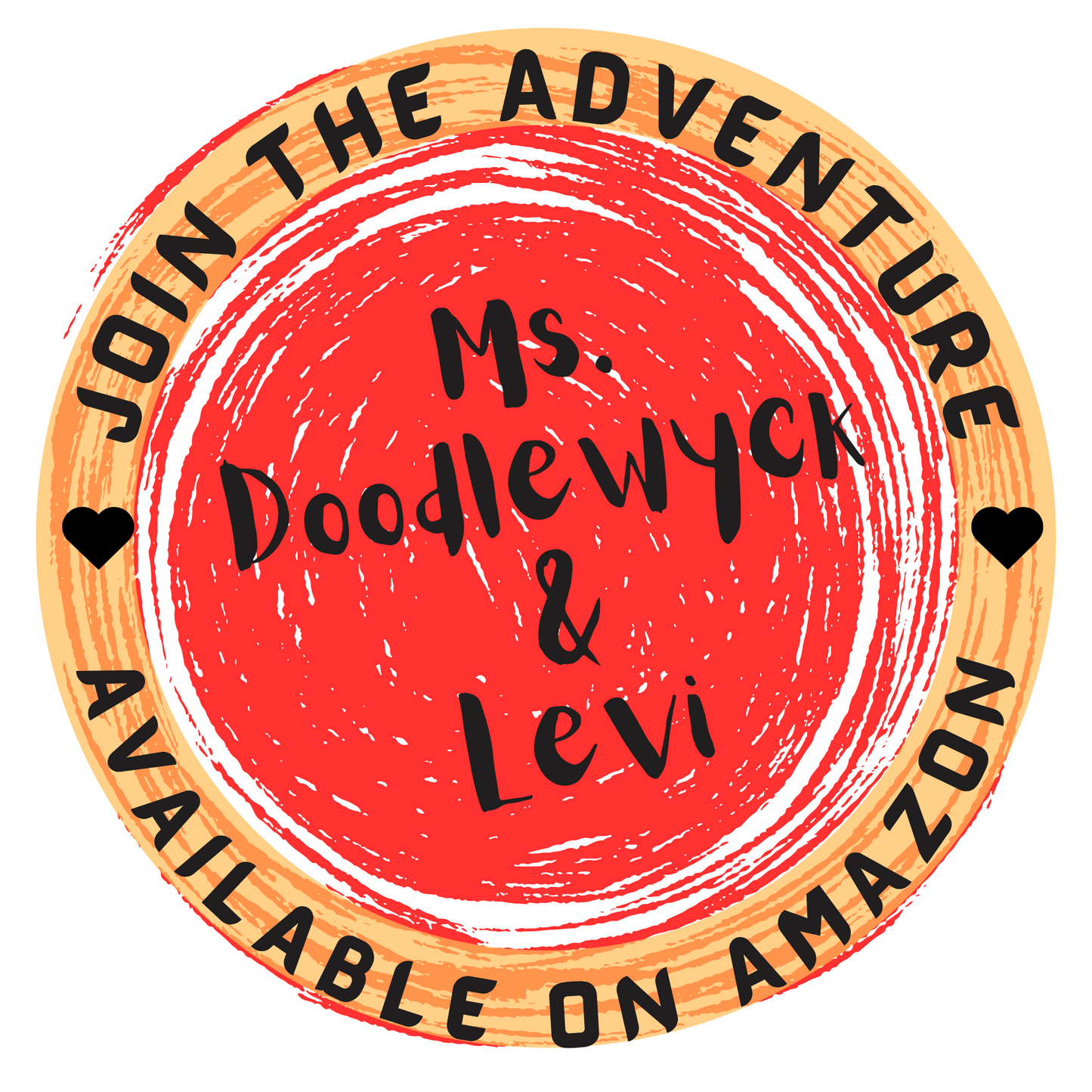 Circular logo with red center and wooden border, featuring text 'Join the Adventure', 'Ms. Doodlewyck & Levi', and 'Available on Amazon'.