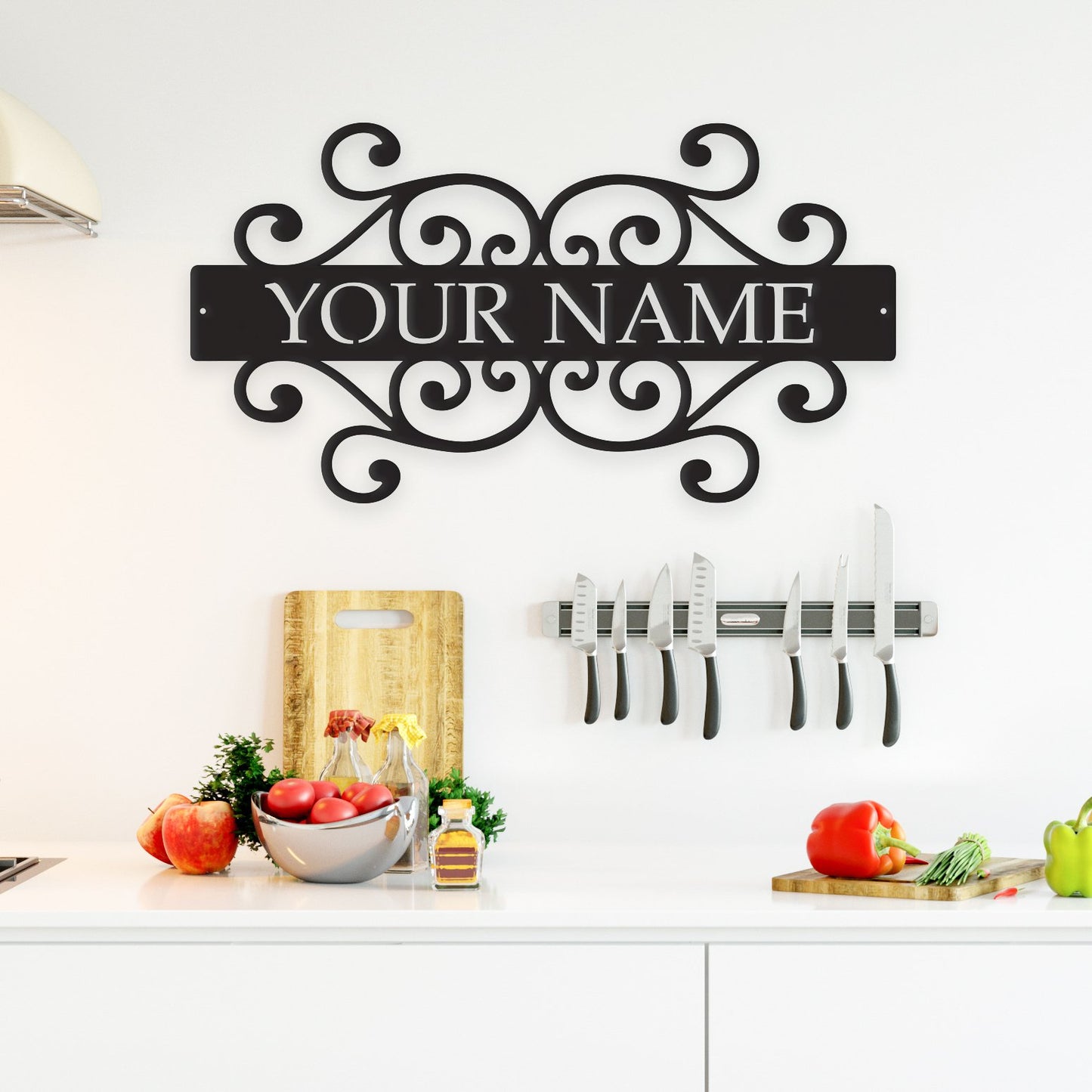 Decorative wall sign with 'YOUR NAME' in a kitchen setting