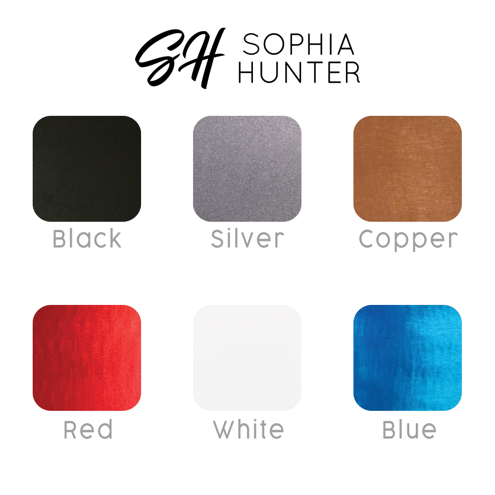 Color swatches for Black, Silver, Copper, Red, White, and Blue with Sophia Hunter branding.