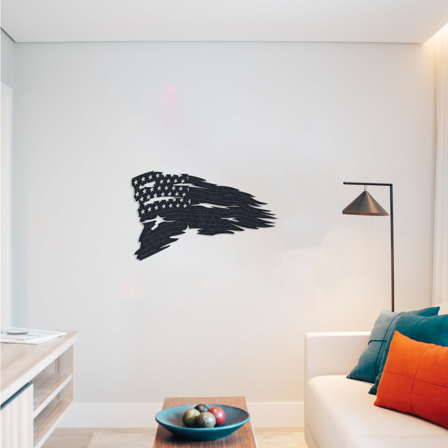 Living room with a decorative wall metal art of an American Flag on a white wall.