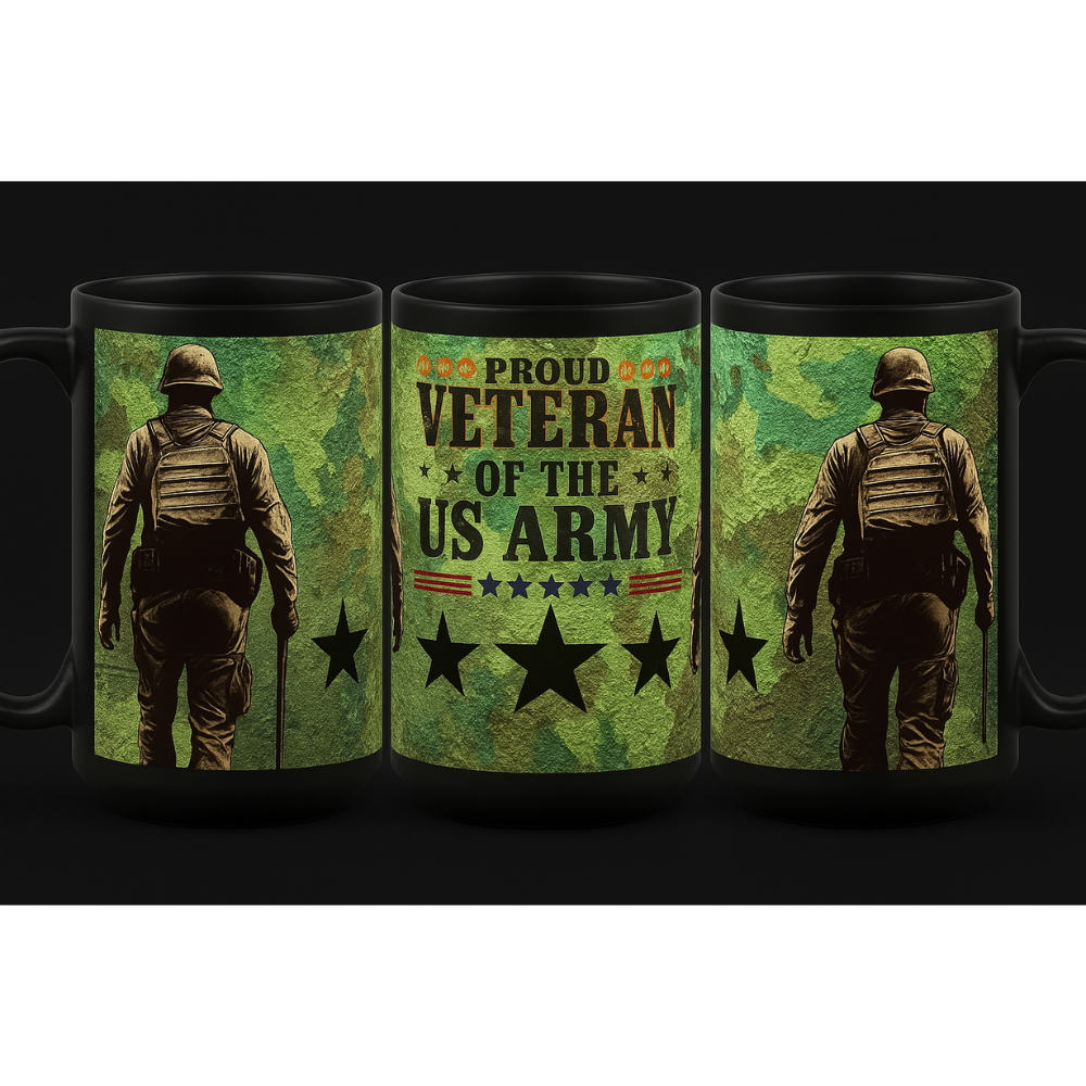 Three mugs with a design of a veteran in military uniform and text 'Proud Veteran of the US Army' on a green camouflage background.