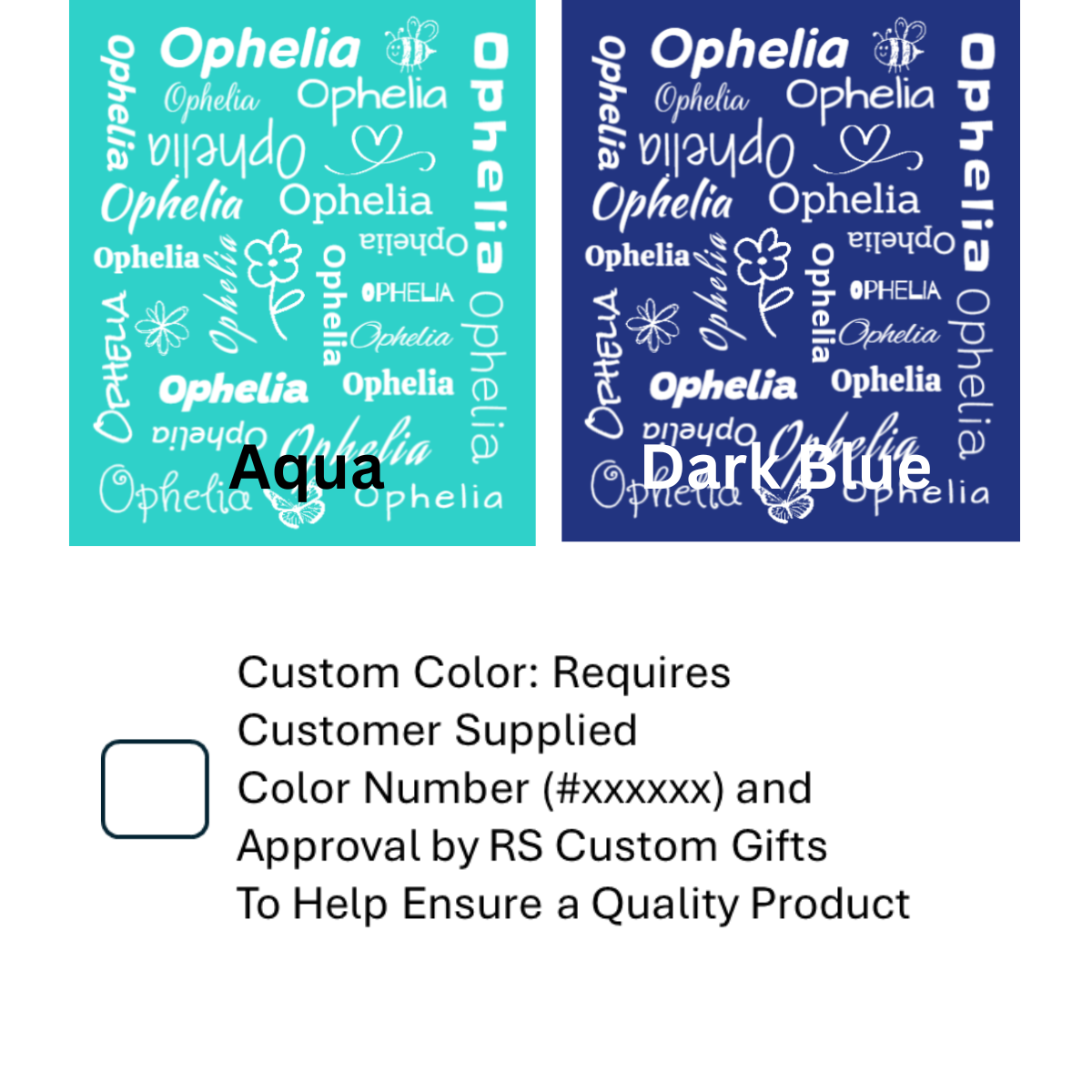Two color swatches for custom name blanket in Aqua and Dark Blue with text about custom color requirements.