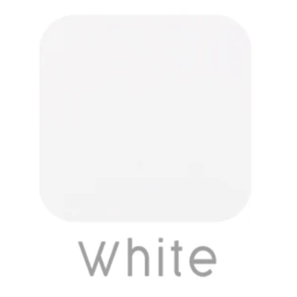 Solid white color swatch with the word 'White' below it on a light gray background
