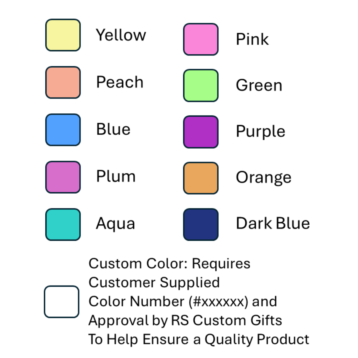 Color swatches with labels for various colors and a note about custom color requirements.