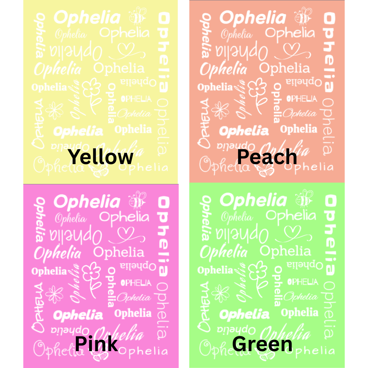 Four color swatches labeled Yellow, Peach, Pink, and Green for custom name blanket