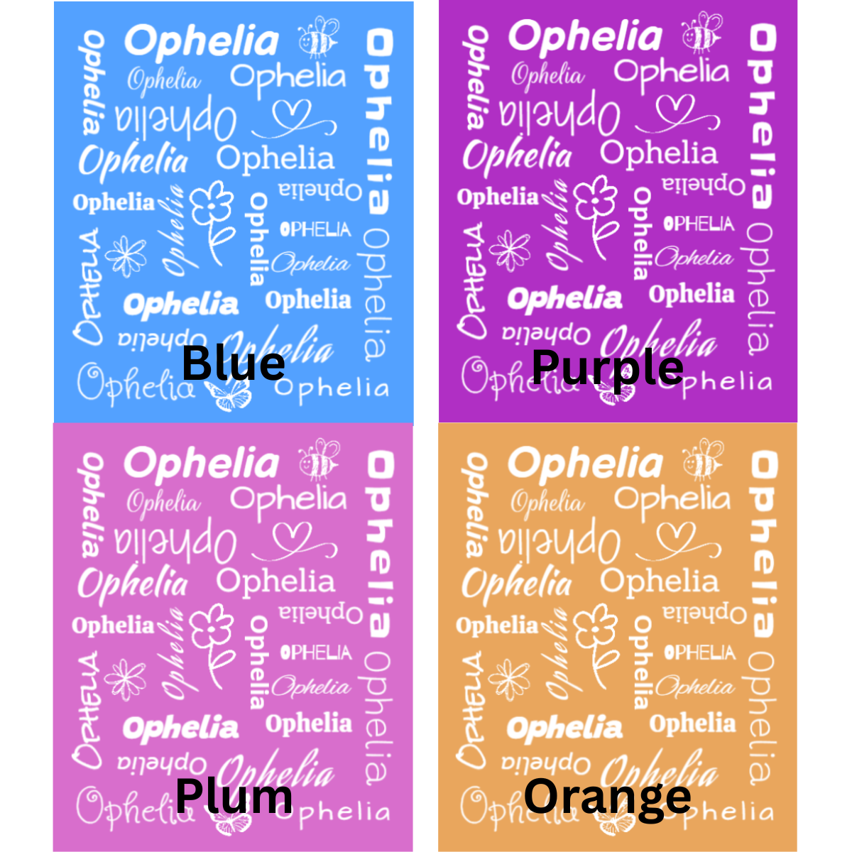 Four color swatches with custom name text and floral design on a white background.