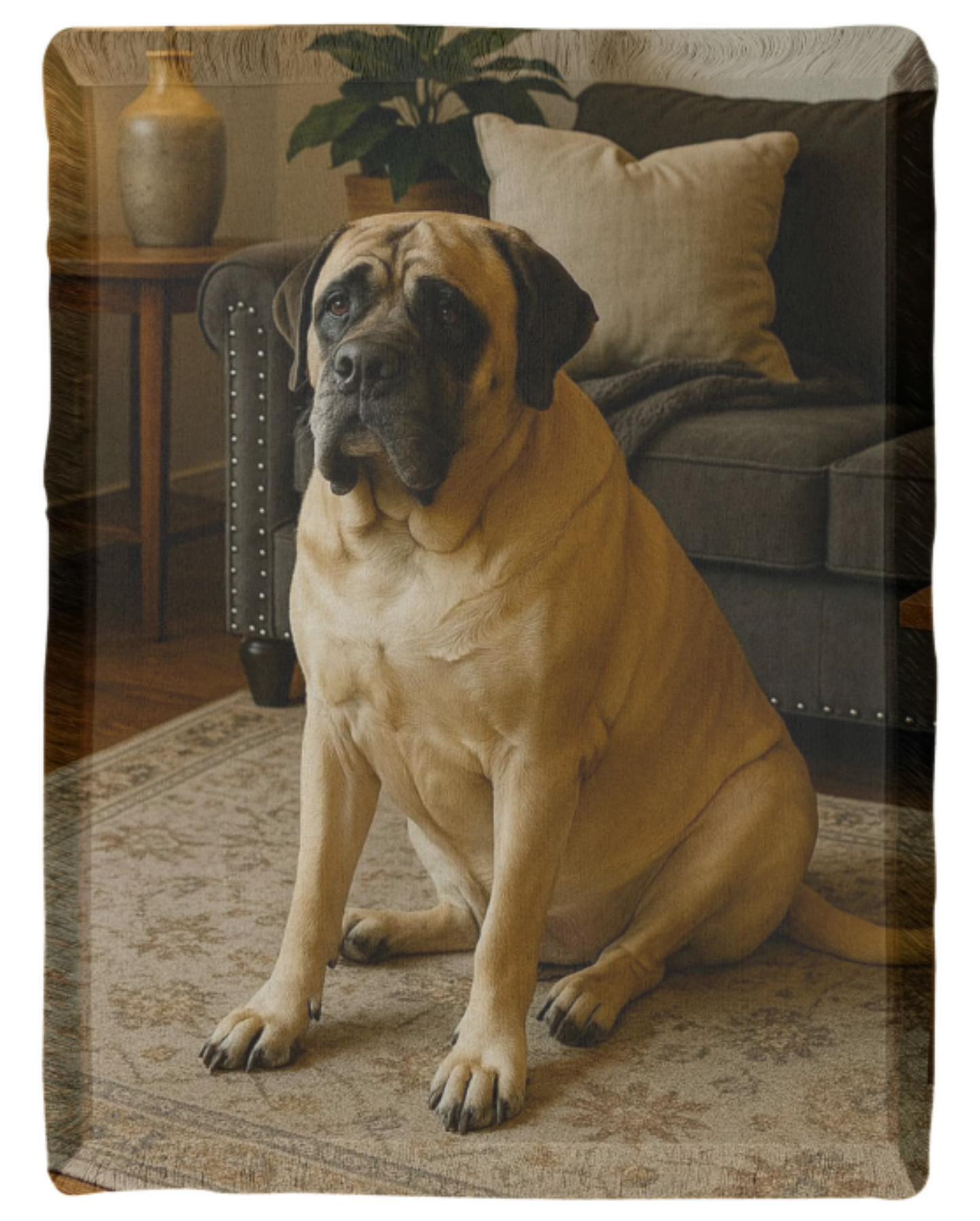 Blanket with Dog sitting on a rug in a living room setting