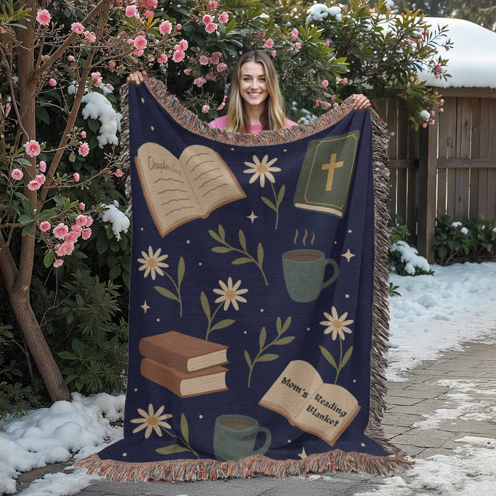 Mom reading heirloom woven blanket