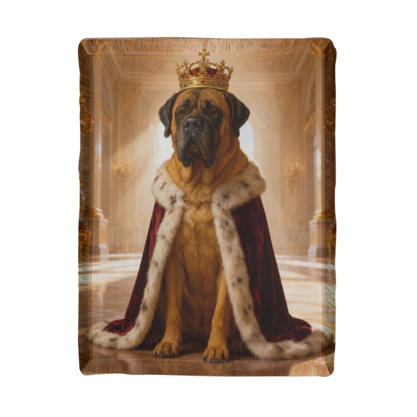 Blanket with Dog wearing a crown and cape in a regal setting