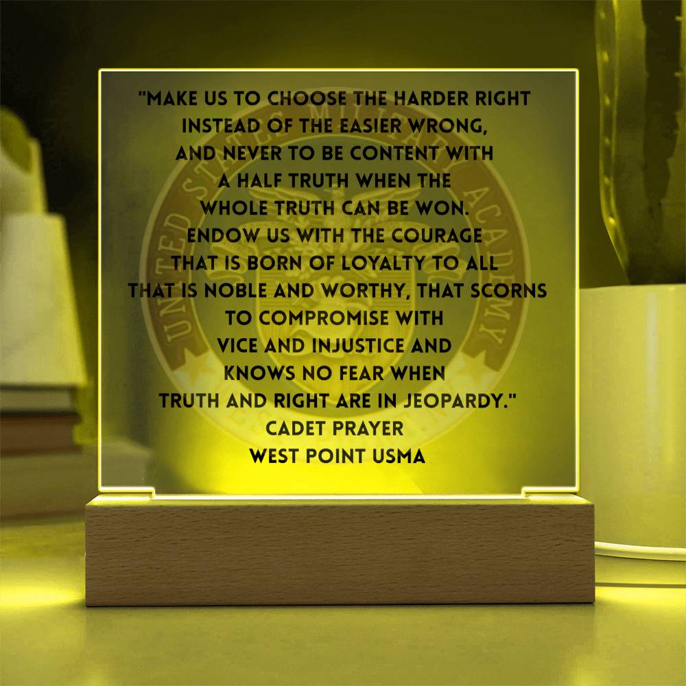 LED-lit acrylic plaque with stand displaying Cadet Prayer