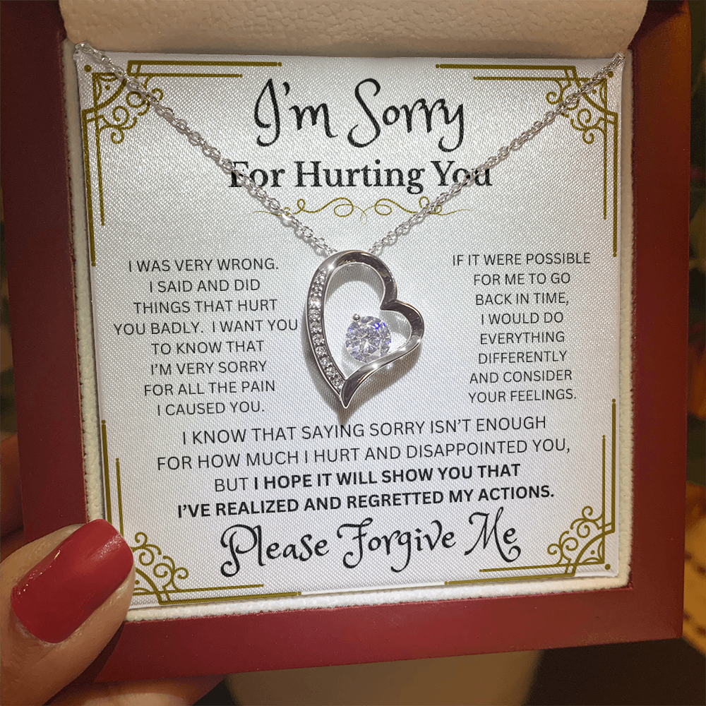 I'm Sorry Forever Love Necklace – Heart-Shaped CZ Pendant in White or Yellow Gold Finish