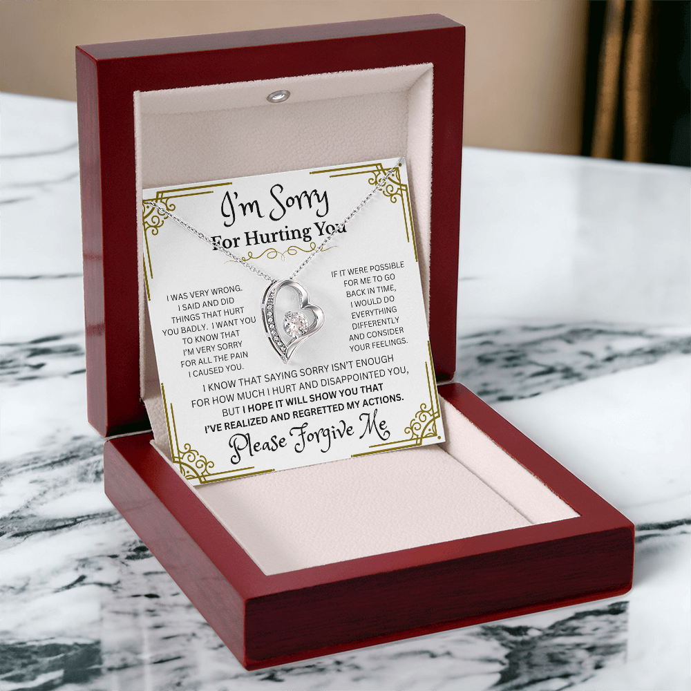 I'm Sorry Forever Love Necklace – Heart-Shaped CZ Pendant in White or Yellow Gold Finish