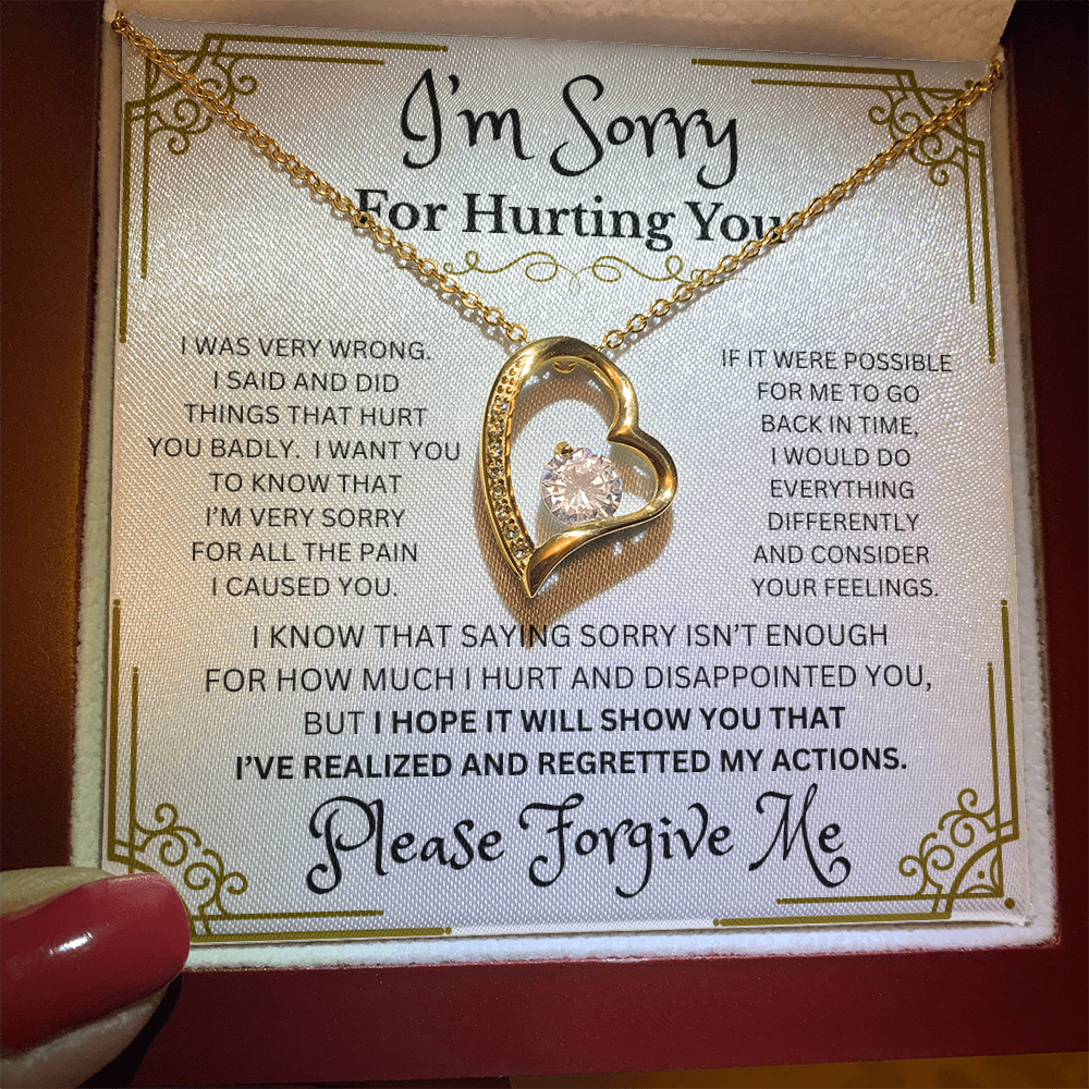 I'm Sorry Forever Love Necklace – Heart-Shaped CZ Pendant in White or Yellow Gold Finish