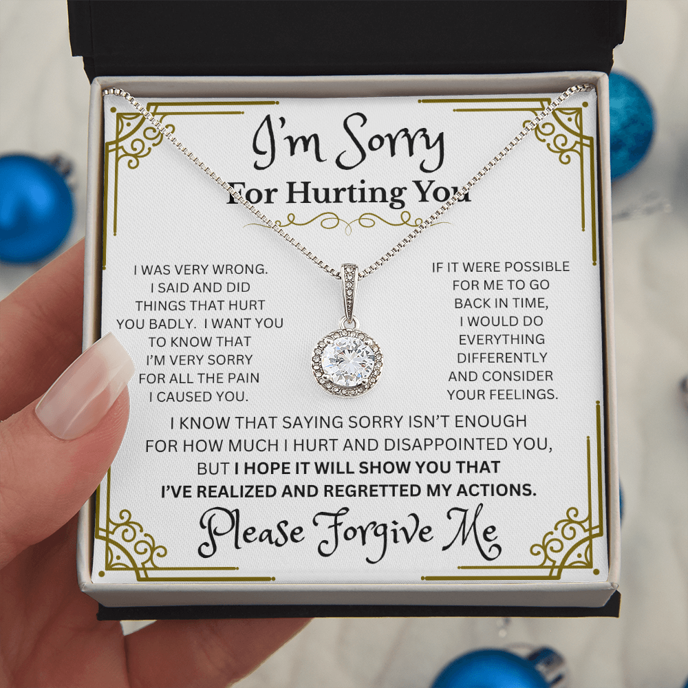 Eternal Hope Please Forgive Me necklace white gold cushion cut CZ pendant
