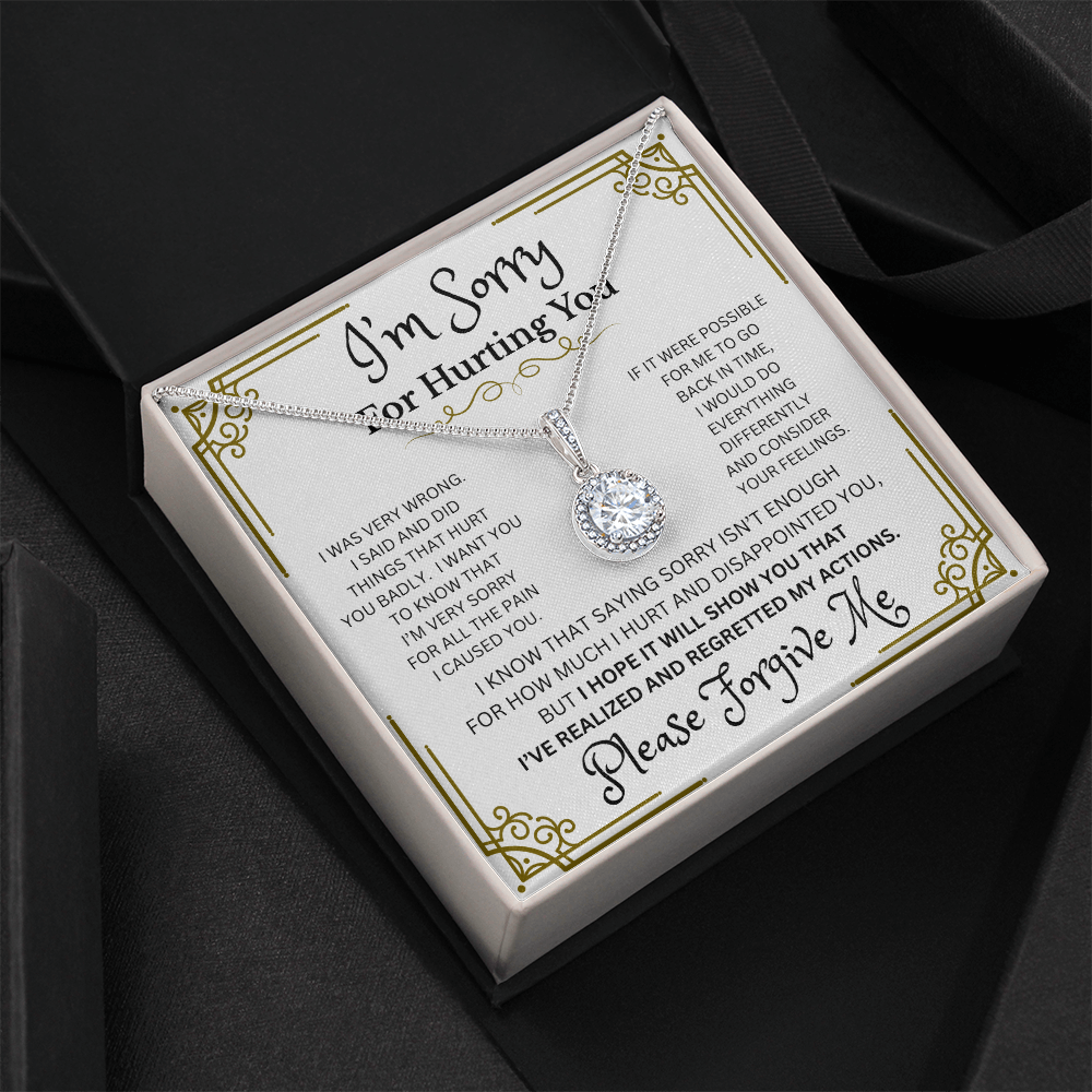 Eternal Hope Please Forgive Me necklace white gold cushion cut CZ pendant