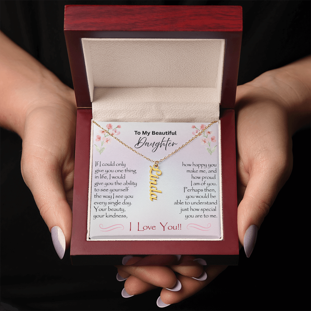 Gold Custom name necklace gift for daughter with Mahogany Style Box