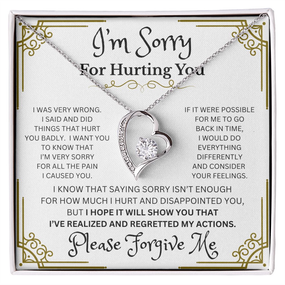 I'm Sorry Forever Love Necklace – Heart-Shaped CZ Pendant in White or Yellow Gold Finish