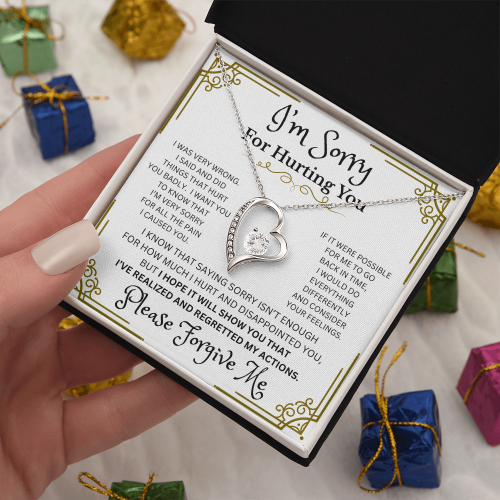 I'm Sorry Forever Love Necklace – Heart-Shaped CZ Pendant in White or Yellow Gold Finish