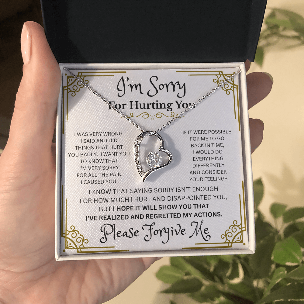I'm Sorry Forever Love Necklace – Heart-Shaped CZ Pendant in White or Yellow Gold Finish