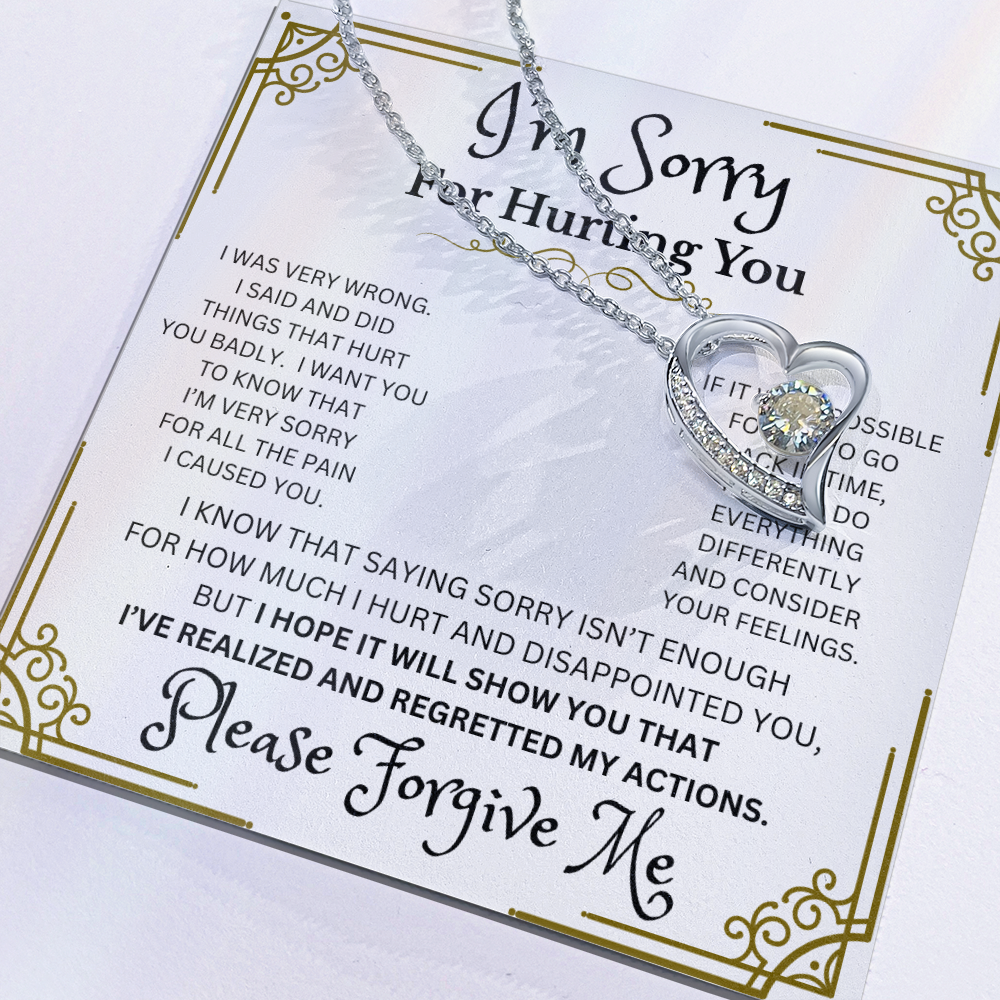I'm Sorry Forever Love Necklace – Heart-Shaped CZ Pendant in White or Yellow Gold Finish