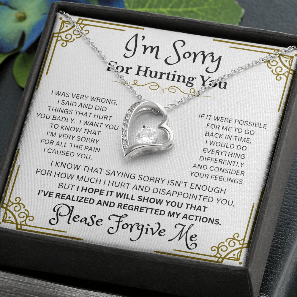 I'm Sorry Forever Love Necklace – Heart-Shaped CZ Pendant in White or Yellow Gold Finish